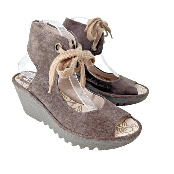 FLY London Yaba 702 Fly Platform Brown Suede Wedge Sandals - Picture 1 of 10